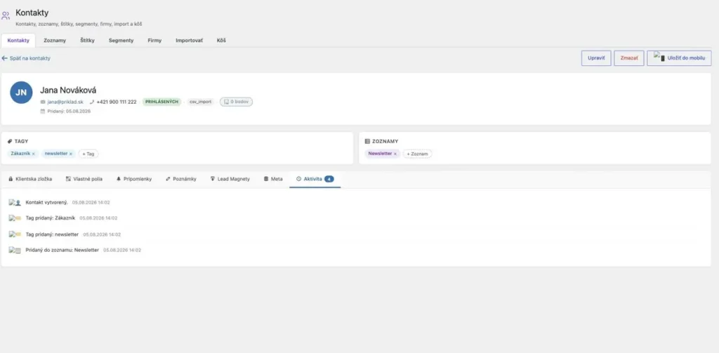 Karta kontaktu v Branike CRM so záložkou Aktivita